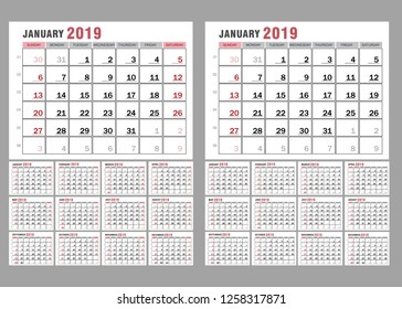 Two simple calendars for the 2019 year, the week starts Sunday. Vector illustration.