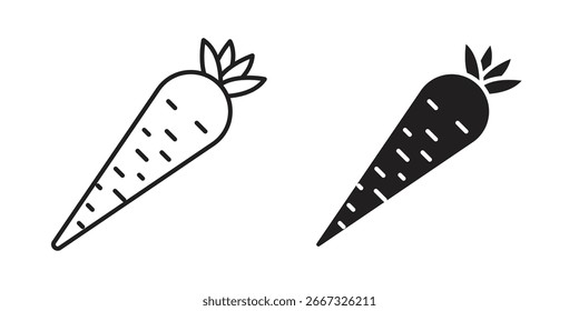 Two simple carrot icons: one line art, one solid black. Perfect for healthy food, vegetable, or farm-related designs.