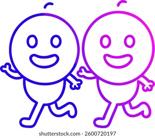 Two simple cartoon characters with round heads, minimalist features, and thin outline are shown running side-by-side on a white background. 