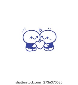 Two simple cartoon figures hold a heart between them on a white background.