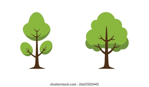 Dos árboles simples de la historieta con las hojas verdes y los troncos marrones, aislados en un fondo blanco. Ilustración vectorial.