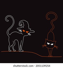 Two simple cat in halloween hat silhouettes on black. Cat drawing by neon line.