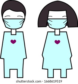 Two simple characters stand with hearts in the chest area. They wear medical masks.