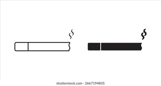 Zwei einfache Zigarettensymbole, eines mit Umrissen und eines mit Volltonfarbe, mit Rauchabbildungen. Einzeln auf weiß.