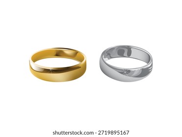 Dois simples casamento clássico anel de ouro e prata casal, vetor de joias de casamento 3D, 
Símbolo realista da celebração da esposa e do marido isolado no branco 
plano de fundo