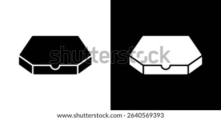 Two simple and clean illustrations showing identical closed pizza boxes, one solid black on white, the other white on black, in a minimalist, vector format.