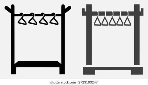 Dos ilustraciones simples de perchero con perchas, una negra y otra gris, sobre un fondo gris claro.