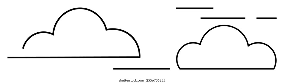 Two simple cloud shapes outlined with black lines. Ideal for weather icons, nature themes, minimalist designs, graphic design, educational materials, and websites. Modern style