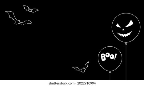 Two simple contour balloons with grimaces and bats isolated on black.