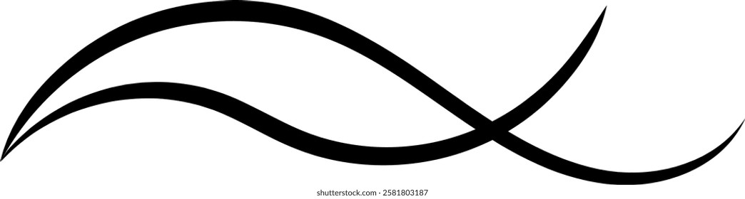Two simple curved black lines are crossing and creating a dynamic and elegant abstract design on a white background, ideal for minimalist projects and modern decorations
