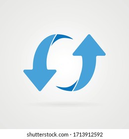 Two simple curved blue arrows icon with shadow.