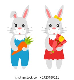 Two simple cute bunnies. Cute characters, a rabbit with a carrot and a bouquet. Bright color vector illustration in a flat style. Isolated on a white background