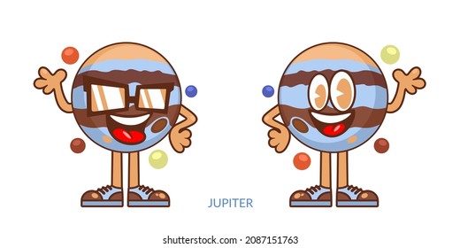 Two Simple Cute Isolated Happy Smiling Jupiter Planet Cartoon Characters