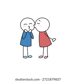 Dos figuras de palo simples y lindas, una besando a la otra en la mejilla. Expresar afecto, amor y amistad. Diseño minimalista sobre un fondo blanco limpio. Dulce y encantador.