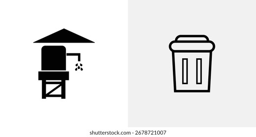 Dos iconos simples, de color gris oscuro sobre un fondo gris claro. Uno representa una torre de agua, el otro un bote de basura.
