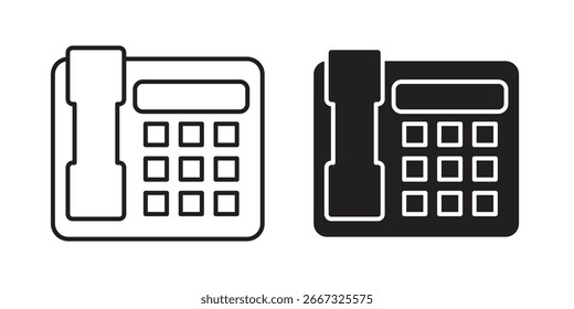 Dos iconos simples del teléfono del escritorio, un arte de la línea y un negro sólido, aislados en blanco.