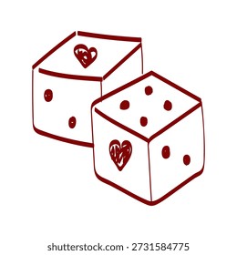 Zwei einfache Würfel mit Herzen auf ihren Seiten, die Spaß und Chance in einem spielerischen Spiel zeigen