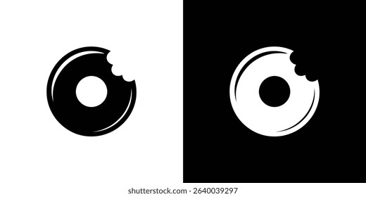 Two simple donut illustrations, one black on white and the other white on black, both with a bite taken out, graphic dessert icon, minimalistic design.