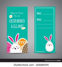 Two simple Easter wishing cards with eggs and bunny in flat design in vector, back and front side