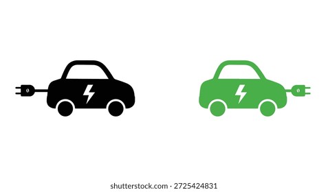 Dois simples ícones de carro elétrico, um preto e um verde, com plugues de carregamento e relâmpagos representando energia elétrica.