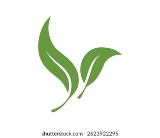 Two simple, elegant green leaves isolated on white. Represents nature, growth, health, and sustainability. Ideal for ecofriendly businesses or organic products.