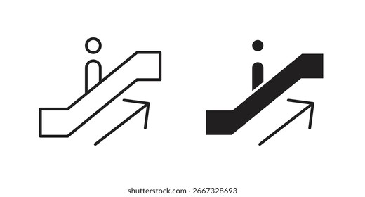 Dois ícones simples de escada rolante, uma arte de linha, um sólido, mostrando movimento para cima. Isolado no branco.