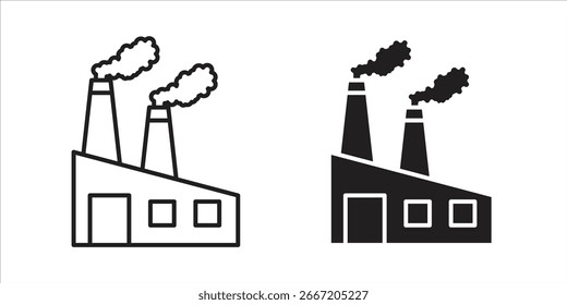 Two simple factory icons, one line art and one solid, both showing smoke from chimneys. Isolated on white.