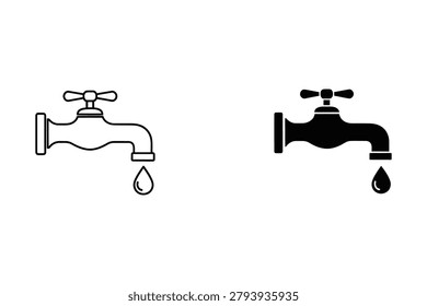 Two simple faucet icons, one in black and one in white outline, each with a single drop of water falling from the spout, on a pure white background
