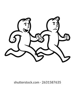 Two simple figures running holding hands cartoon illustration