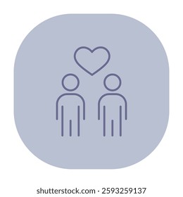 Two simple figures standing close together, with heart symbol above them. Homosexual love and partnership concept