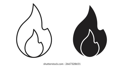 Dos iconos simples de la llama, uno negro y un contorno, aislados en blanco. Perfecto para logotipos, App o Sitios web.