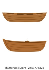 Duas ilustrações simples e planas de barcos a remo de madeira contra um fundo branco. Os barcos são retratados de uma vista lateral, mostrando seu design clássico e construção de tábuas de madeira.