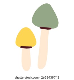 Two simple forest mushrooms with rounded caps in yellow and green tones. Clean, modern hand-drawn illustration on white background