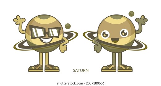 Two Simple Funny Isolated Happy Smiling Saturn Planet Cartoon Characters