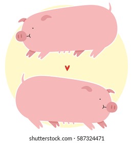 two simple funny pig on a yellow background
