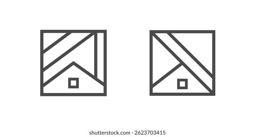Dois simples, linha geométrica arte casa ícones. Design minimalista com uma pequena janela quadrada, representando casa ou abrigo.