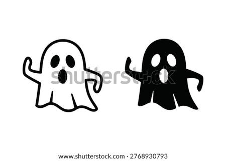 Two simple ghost characters, one in silhouette and one as an outline, express surprise while waving. Ideal for Halloween themes, children's content, or playful designs.
