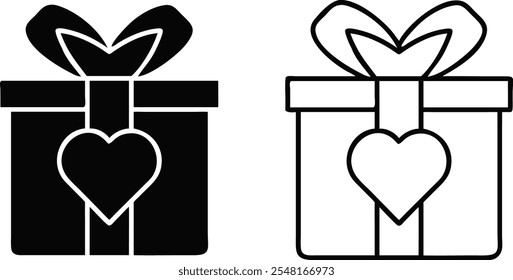 Two simple gift box icons one black, one white outline. Both feature a heart and ribbon bow. Ideal for Valentines Day or gifting.