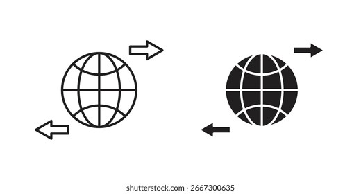 Dos iconos de red globales simples, uno delineado y otro lleno, con flechas izquierda y derecha que indican la transferencia de datos.