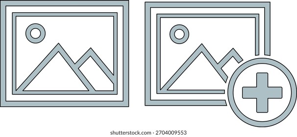 Zwei einfache grafische Symbole einer Landschaft Bilderrahmen mit einem Pluszeichen Berge
