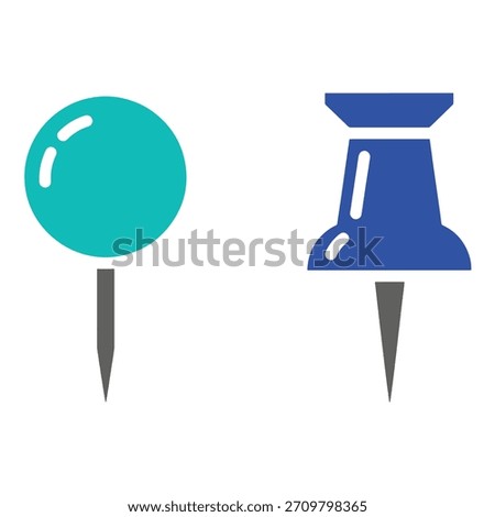 Two simple graphic pushpins one teal round one blue flat top tack stationery