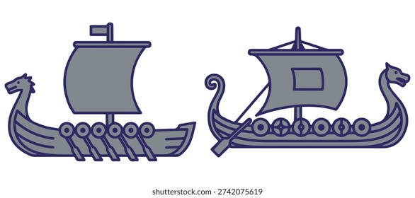 Two simple gray viking longboats with sails and oars eps 10