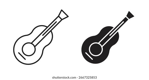 Dos iconos de guitarra simples: una línea de arte, un negro sólido. Aislado en blanco.
