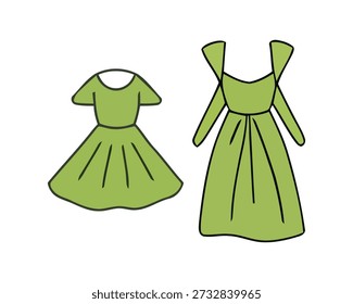 Zwei einfache, handgezeichnete grüne Kleider sind auf weißem Hintergrund dargestellt. Ein Kleid ist ein kurzer, aufgeweiteter Stil, während das andere ein längeres, fließendes Design ist.