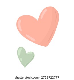 Two simple hand-drawn hearts in pink and green colors. Romantic vector illustration for wedding or Valentine's day.