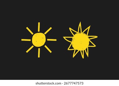 Dos simples iconos de sol dibujados a mano sobre fondo negro Vector