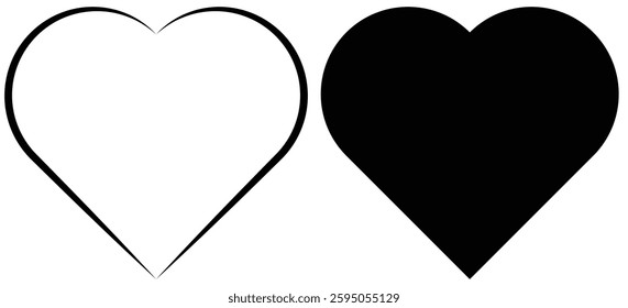 Two simple hearts. The one on the left is a line drawing and the one on the right is filled in solid black. Classic symbol of love.