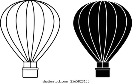 Two simple hot air balloon illustrations are shown. One is an outline drawing, the other a solid black silhouette. Both feature a classic balloon shape with a basket.