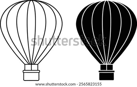 Two simple hot air balloon illustrations are shown. One is an outline drawing, the other a solid black silhouette. Both feature a classic balloon shape with a basket.
