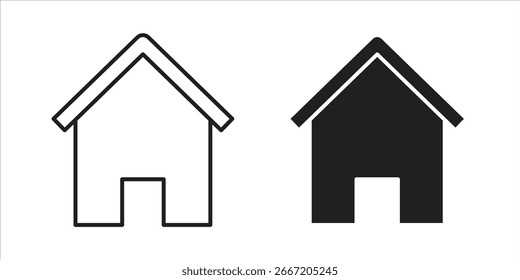 Dois ícones simples da casa, um preto e um contorno, isolados em um fundo branco. Ideal para design na Web ou interfaces de aplicativos.